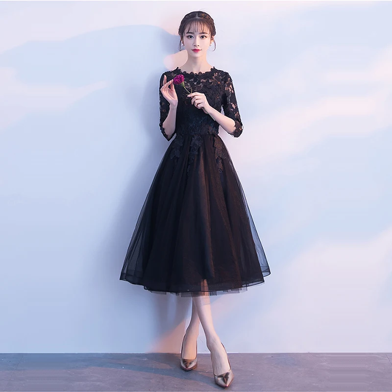 Вечерние платья 2020 Черные А силуэта женские банкетные K293 однотонные кружевные