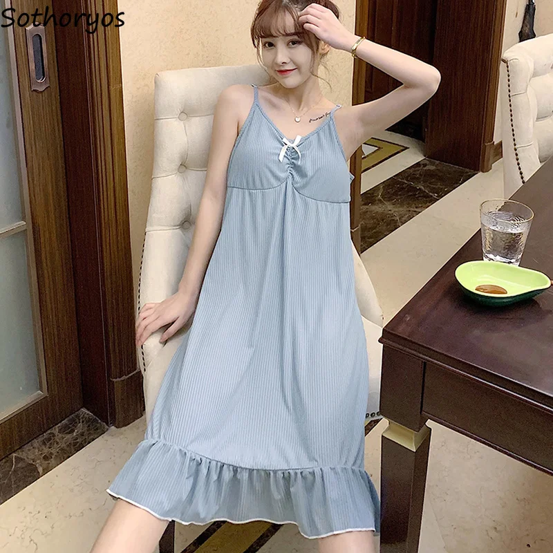 

Nightgowns Women Solid Simple Ruffles Bow Sweet Kawaii Fashion Ulzzang Leisure Loose V-neck Retro Sexy Elegant Cozy Sleepshirts