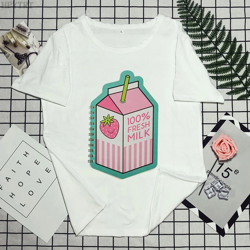 

Lady Harajuku Cute Kawaii White T Shirt Summer Casual Clothing Fashion Tops Women Tshirt Cartoon Strawberry Juice Print T-shirt