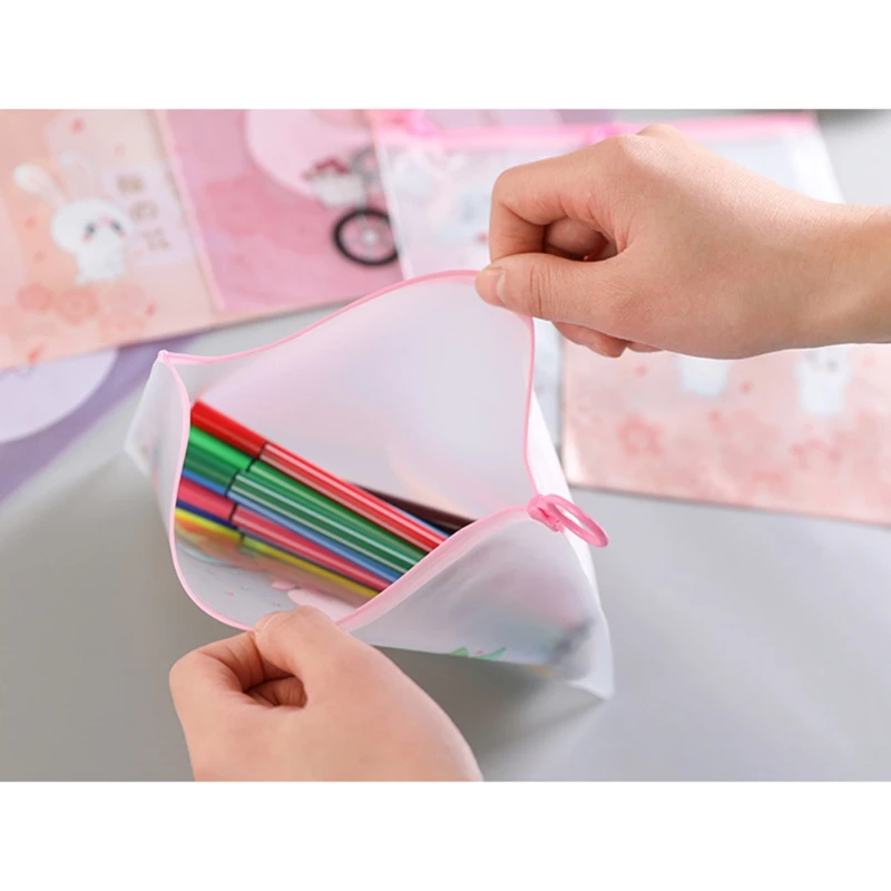

G92E 8 Pcs/Set Transparent PVC Cartoon Rabbit/Dinosaur Waterproof Student Pen Pencil Case Portable Zipper Ring Pouch Makeup Bag