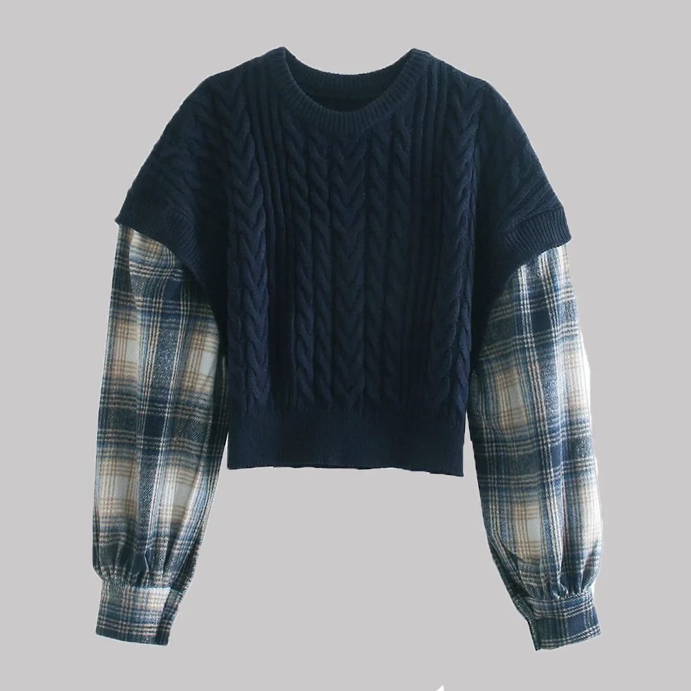 

2021 Spring New Women's Pullovers Western Style Round Neck Patchwork Plaid Sweater Fake Two-piece Tops Autumn Female Clothes