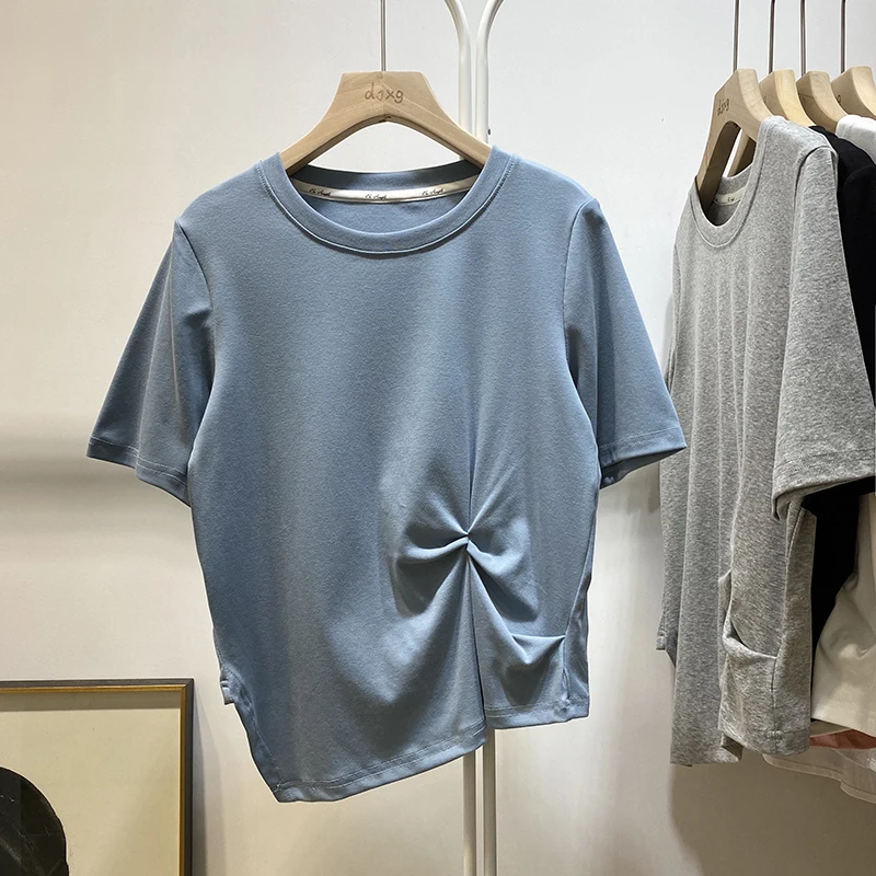 

2021 Summer Loose Slim Irregular Knotted Design Ladies Top Tee Round Neck Short Sleeve Women T-shirt Fashion Simple Base Shirt