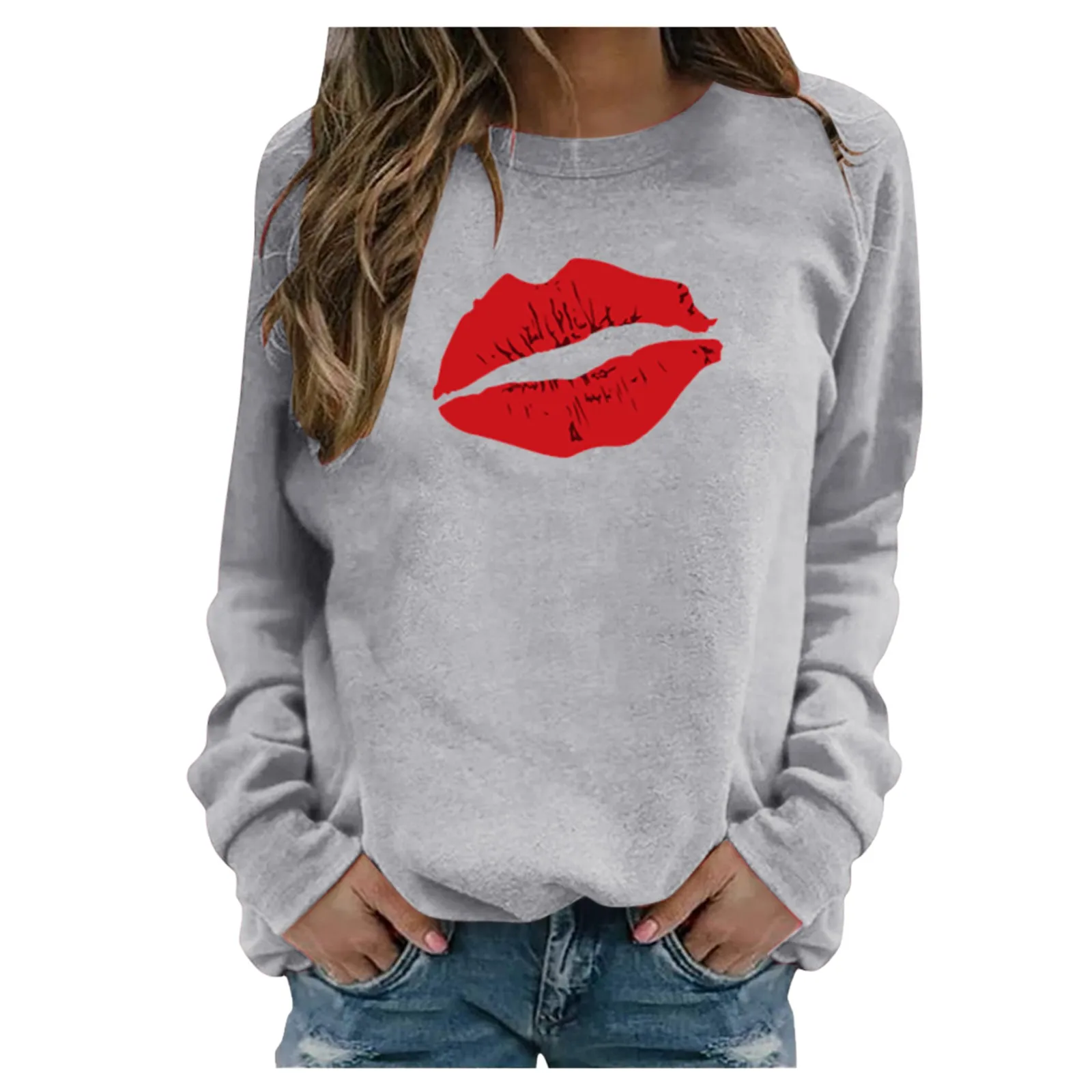 Blouse Women Plus Size Autumn Winter Casual Long Sleeve Red Lips Print Pullover Sweatshirt Tops Tee Hoodie O-neck Loose Harajuku