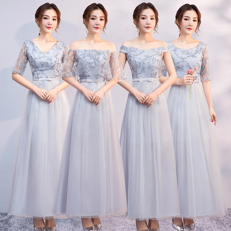 V образный вырез Длинные тюлевые платья серого цвета для подружек невесты сестра