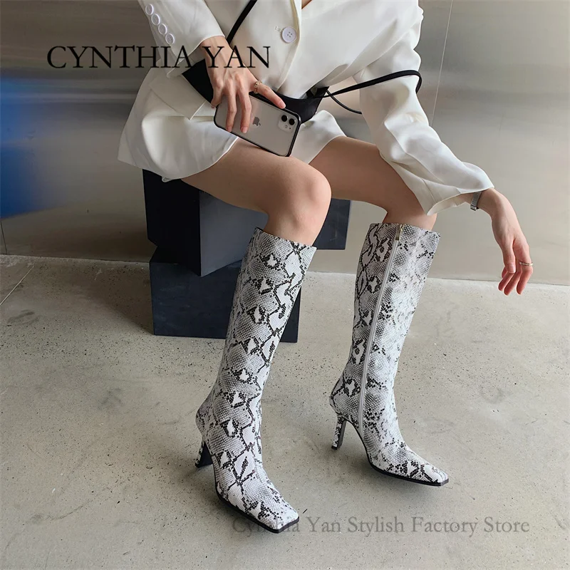 

2021 Women Snake Boots winter autumn Square Toe knee High Boots white Ladies Sexy Stiletto Party Shoes luxury brand Botas Mujer
