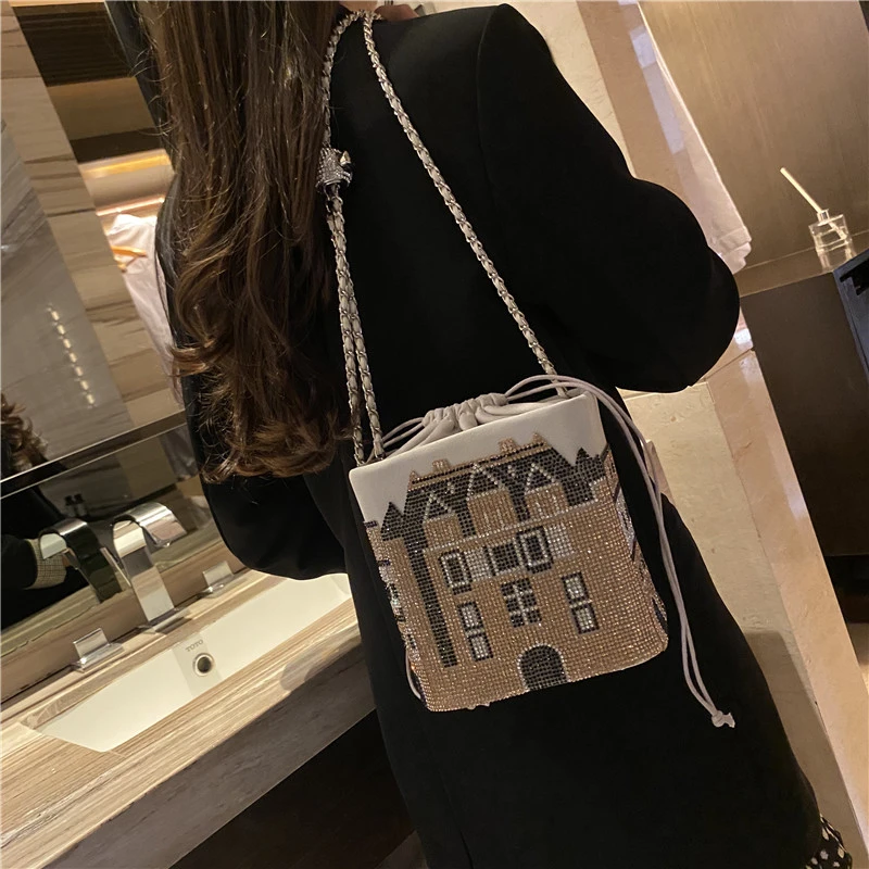 

Luxury Designer 2021 New Fashion Ladies High Quality Leather Diamond Golden Ball Chain Bucket Bag Cross Body Shoulder Bag Cc Gg