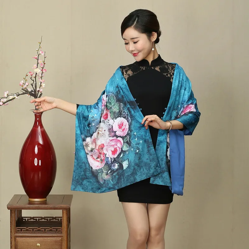 

Oil Painting Cheongsam Shawl National Scarf With Button Women Silk Cashmere Scarf Retro Wedding Evening Party Tippet Wraps