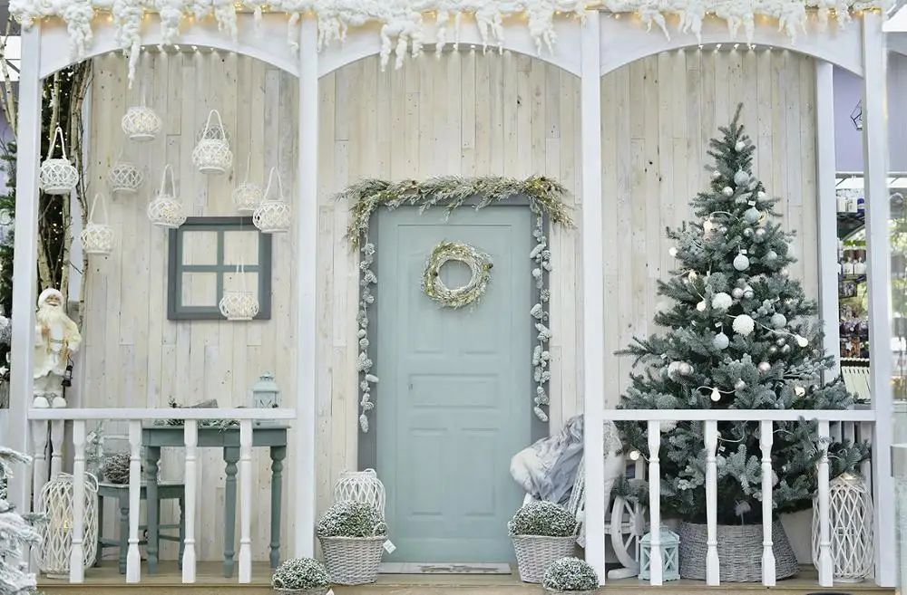 

Christmas Photography Backdrop Xmas tree wood door wearth Children Birthday Newborn Baby Shower Photo Background Studio Props