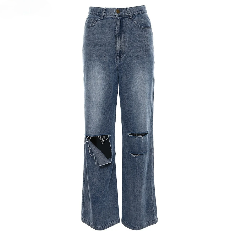 

2021 Spring and Summer New High-waist Women's Fashion Loose-fitting Ripped Jeans Casual Retro Wide-leg Jeans Trousers