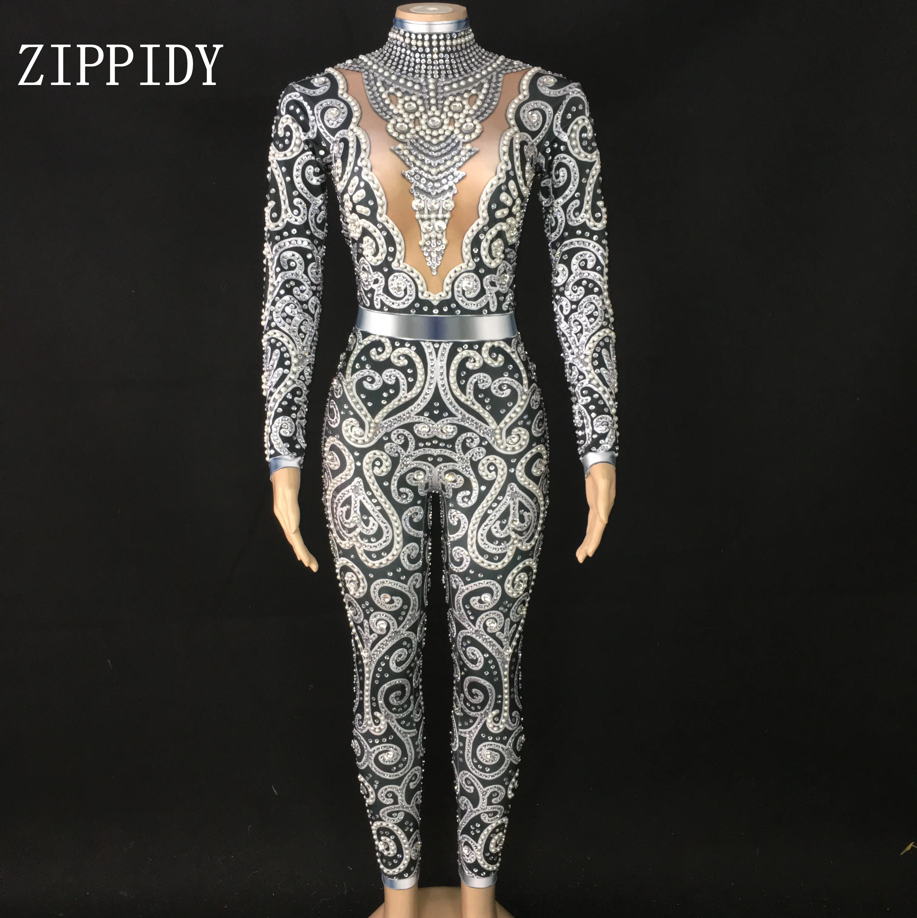 

Hot Sale 3 Colors Stones Pearls Jumpsuit Sexy Female Singer Spandex Bodysuit Birthday Celebrate Dress Prom Evening Outfit