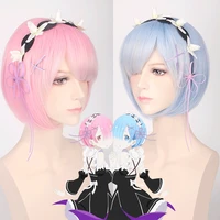 life in a different world from zero graduated ram rem cosplay wig for women short straight pink blue anime wig