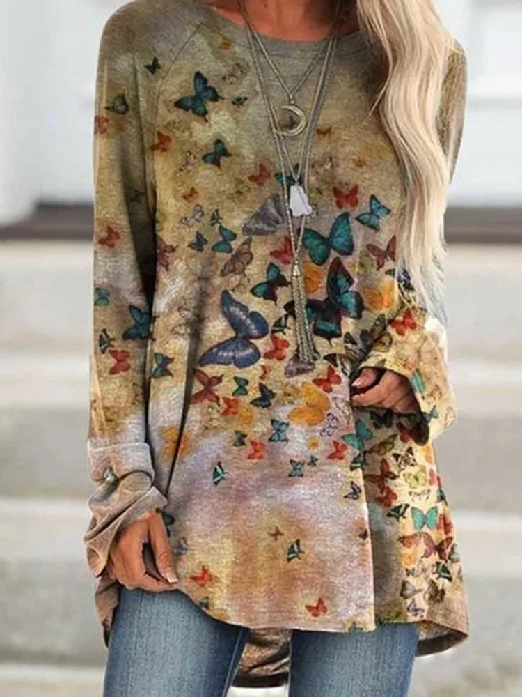 

2020 Autumn Female Butterfly Print O Neck Women Casual T-shirt Solid Color Long Sleeve Loose Tops