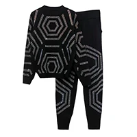 HIGH STREET стильный подиумный костюм набор женский со стразами украшенный бисером пуловер Свободный свитер вязание брюки набор - Цвет: Черный