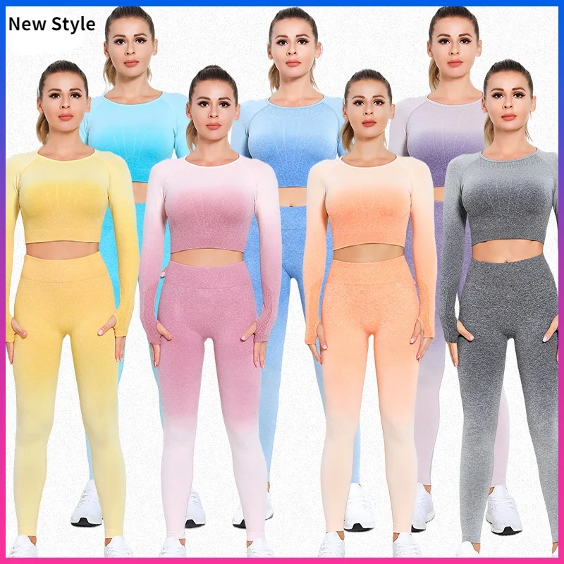 

2021 Fall/Winter Long Sleeve Suit Female Shark Gradient Dyeing Seamless Yoga Suit Tight and Quick-drying Fitness Suit Sportswear