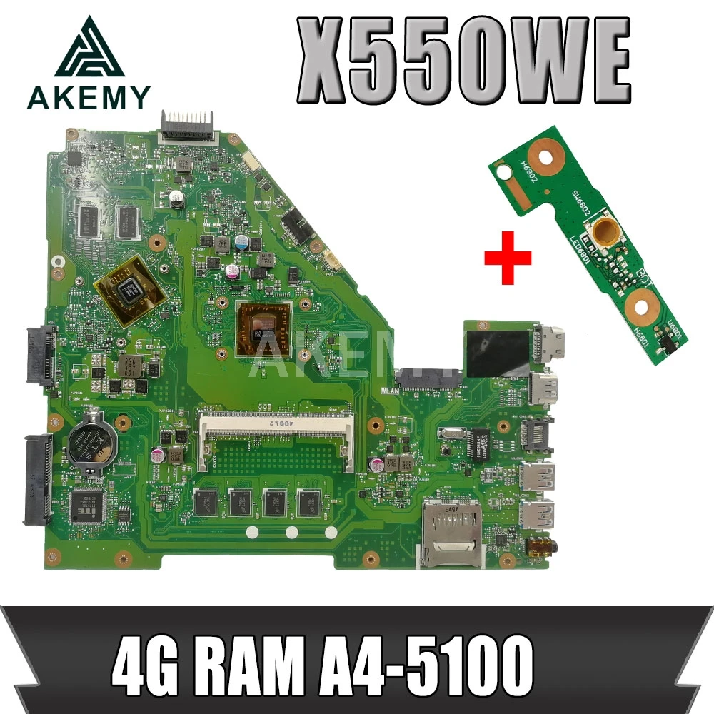

Akemy X550WE Laptop motherboard For Asus X550WAK X550WE X550W Test original mainboard 4G RAM A4-5100