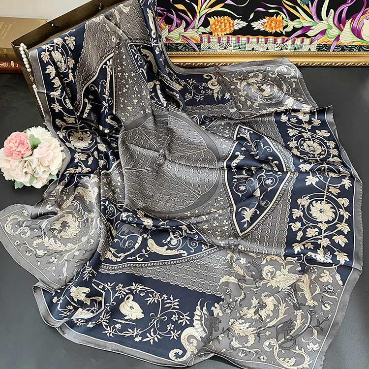 

Flower vine Printing Scarf Women 100% Satin Silk Hand Rolled Edges Girl Headband Hairband Large Bandana 110*110cm