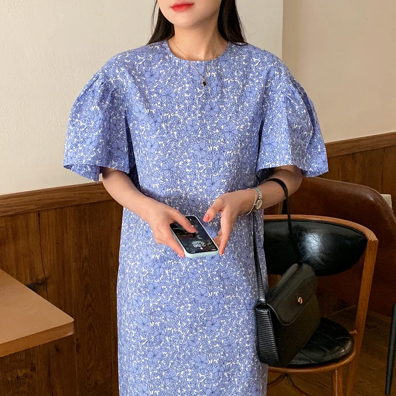 

Женское платье с круглым вырезом, длинным рукавом-фонариком и цветочным принтом