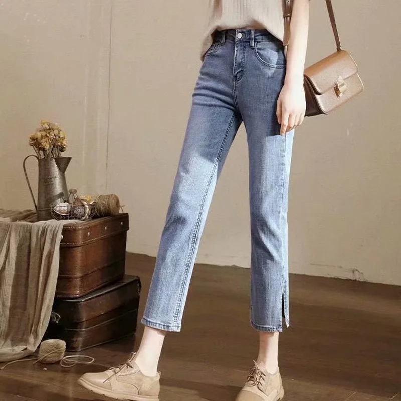 

Korean New High Waist Straight Jeans Women Plus Size Vintage Boyfriend Mom Split Denim Pants Wide Leg Jeans Streetwear 2021