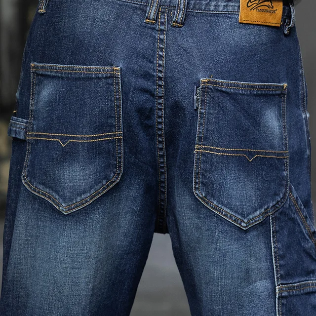 Men Jeans Fall Winter Loose Elastic Men Straight Frayed Cat Jeans Patch Denim Pants Size 28-44