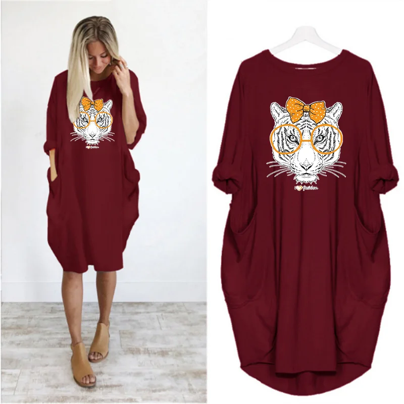 

New 2020 Women Loose Dress Cartoon Animals Vintage Print Long Sleeve O Neck Pocket Casual Plus Size Midi Dresses Vestidos Robes
