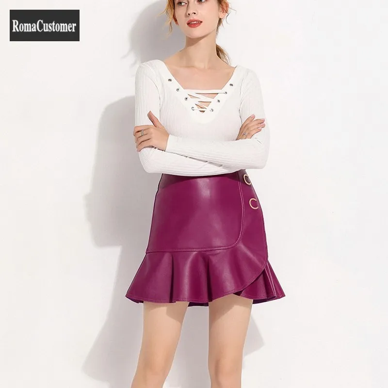 

Genuine Leather Skirt Womens High Waist Fashion Sheepskin Korean Ruffle Elegant Office Lady High Quality Solid A-Line Skirt