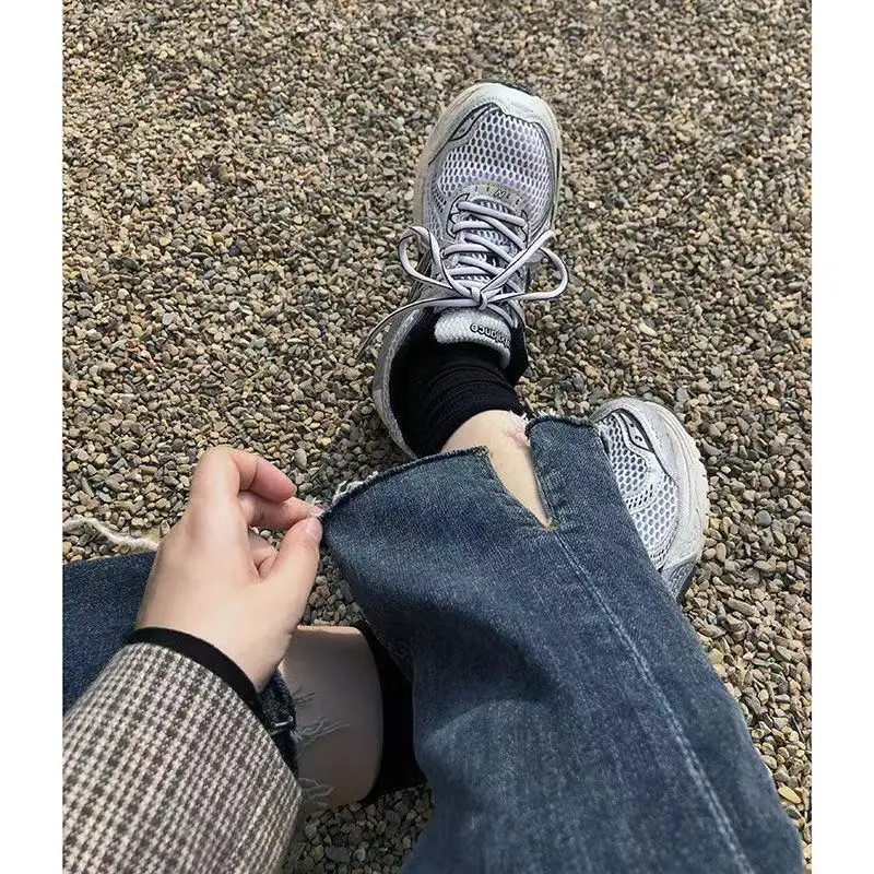 

Split jeans female spring Korean student high waist loose straight pants