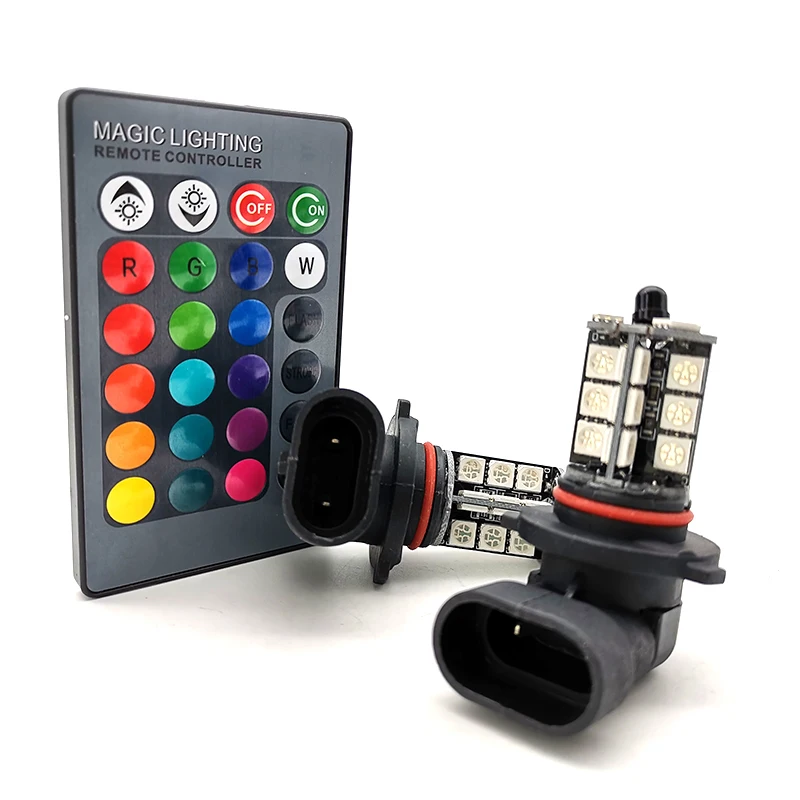 

2pcs 9006 HB4 5050 27-SMD RGB Car LED Fog Lights Bulbs Driving DRL 24 Keys Remote Control Kit