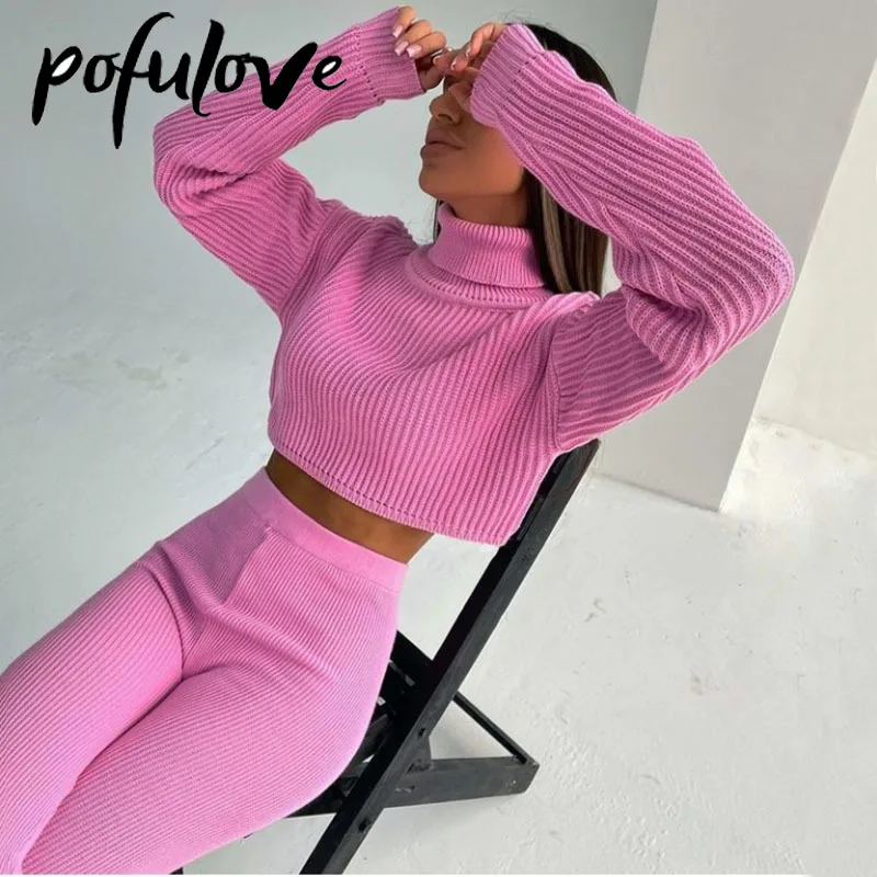 

Turtleneck Knitted Sweater Pants Two-piece Set Women's Pullover Sexy High Waist Solid Color Suit Trendy Autumn and Winter Jumper