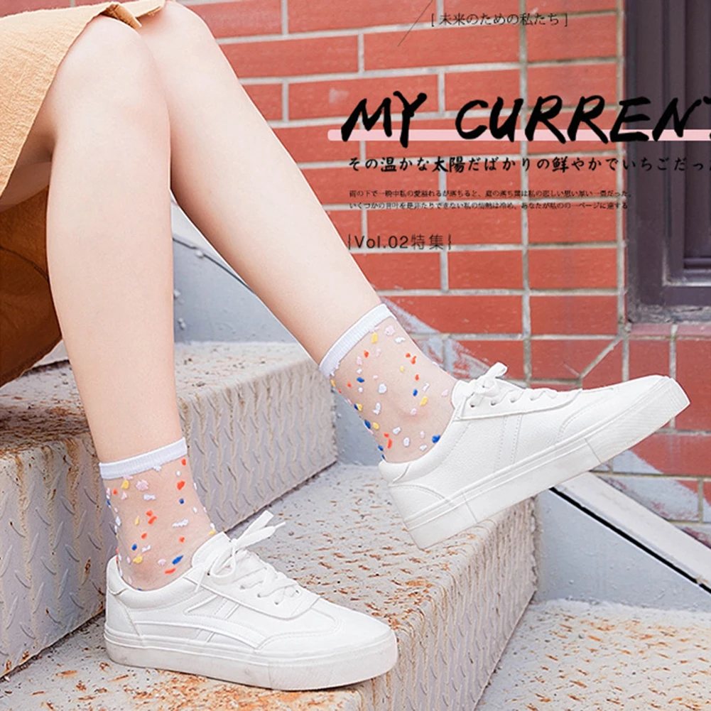 Embroidery Clear Socks Transparent Thin Summer Sexy Retro Lace Mesh Women Girl Elastic Red Lip Wave Funny Short Ankle Socks