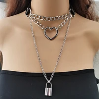 multi layer lover lock pendant choker necklace vintage punk leather padlock heart chain necklace for women jewelry gift