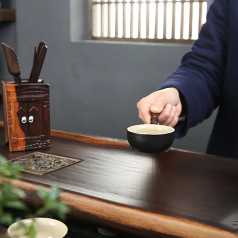 

Ebony Solid Wood Six Gentlemen Retro Tea Ceremony Accessories Log Alloy Two-Color Plated Inlaid Hollow Household Set