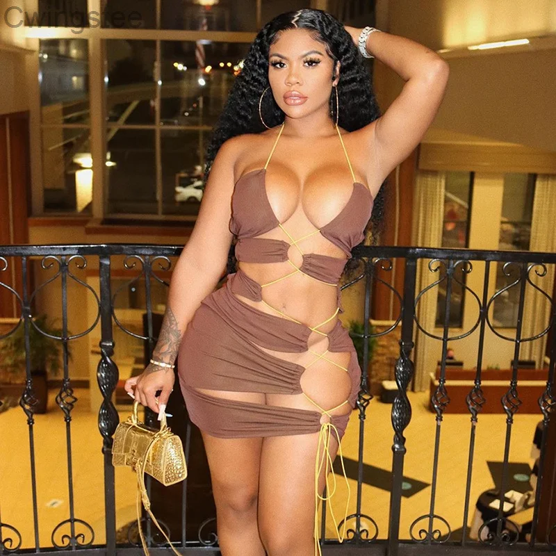 

Sexy Hollow Out Bandage Drawstring Halter Women's summer sundresses Party Club Hot Outfits Lace Up Backless Skinny Bodycon