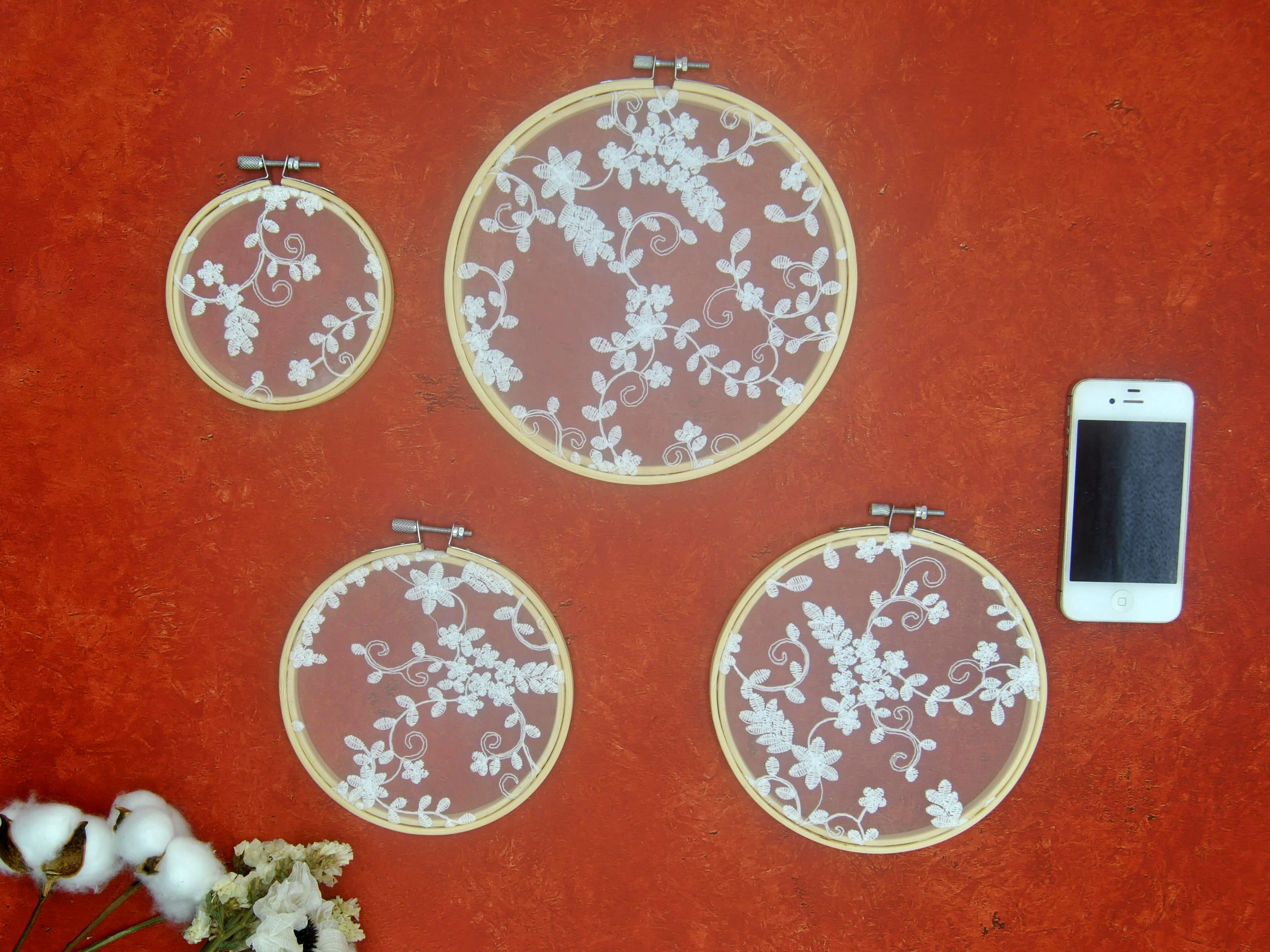

Wall hanging Dreamcatcher Wedding Background party decorations Wall Decor Organza flower white embroidery No.YNBF011