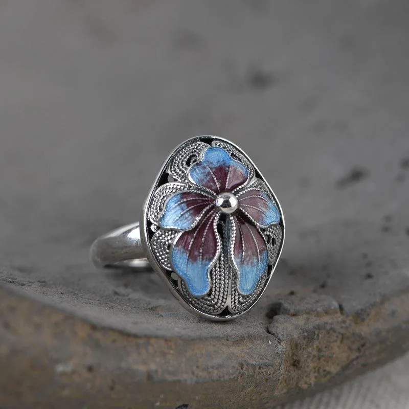 

New Burning Blue Ring Chinese Retro Cloisonne Filigree Thai Silver Jewelry Flower Blooming Wealthy Open Silver Ring