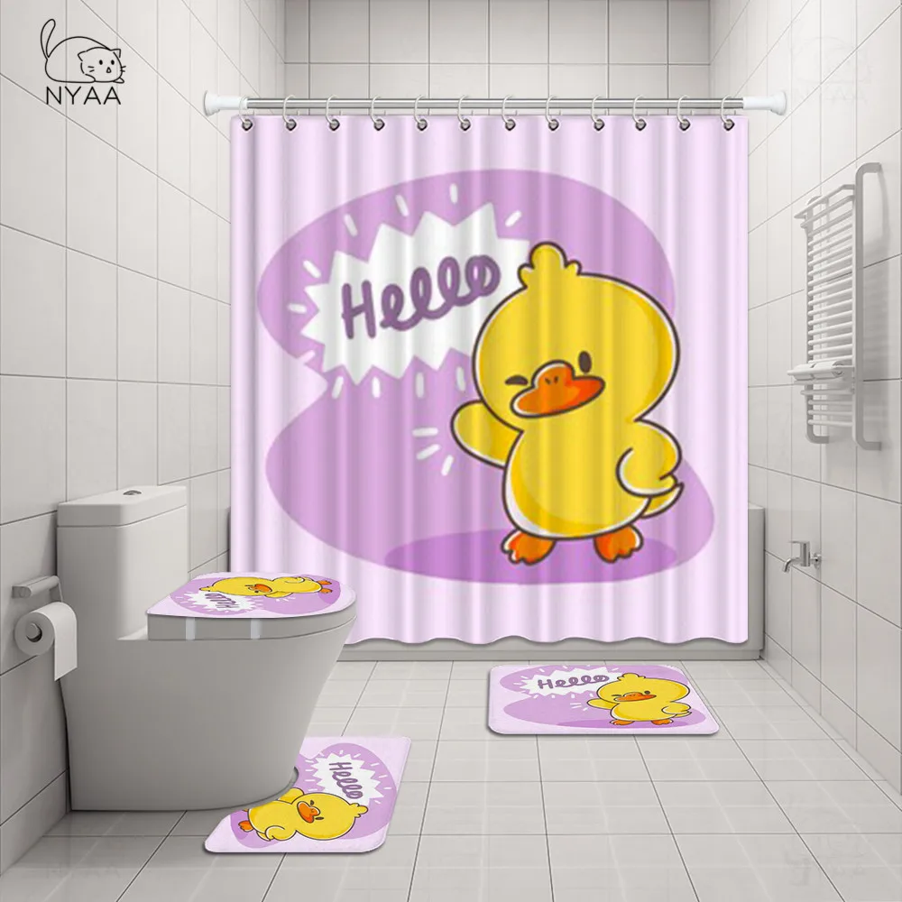 Economici Simpatico Set Di Tende Da Doccia Per Bagno In Tessuto Impermeabile 4 In 1 Con Anatra Gialla Animale Con Tappeti Antiscivolo Per Tappeti