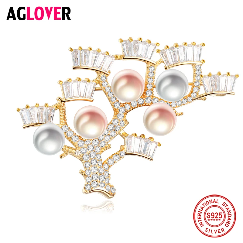 Женская серебряная брошь AGLOVER в форме дерева с жемчугом из серебра 925 пробы