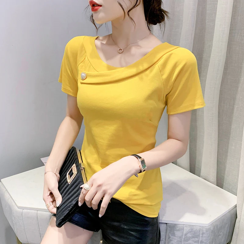 

Summer 2021 New irregular O-Neck Korean Women's tops beaded short-sleeved Solid Color t-shirt Casual Blusas