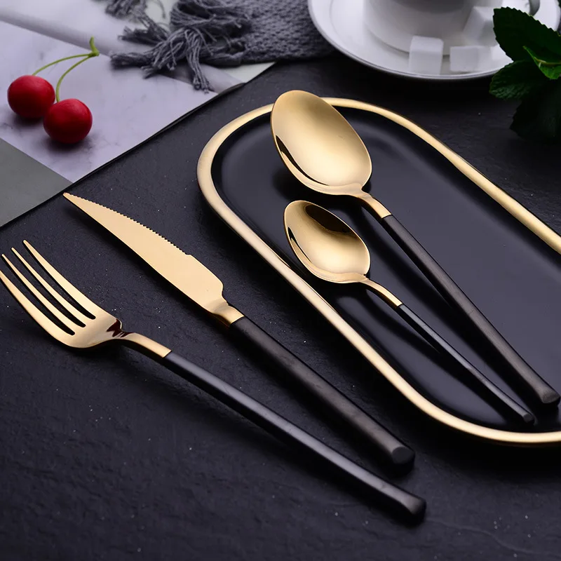 

Steak Knife Soup Scoop Fork Stainless Steel Flatware Set Elegant Cutlery Tableware Black Gold Series Luxury Dinnerware Set 4pcs