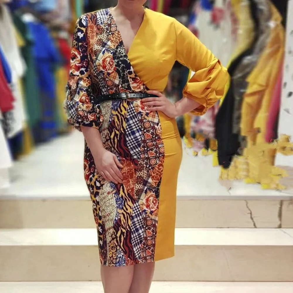 

2021 spring summer fashion women sexy v neck color block print package hip OL clothes office lady bodycon midi pencil dress 3xl