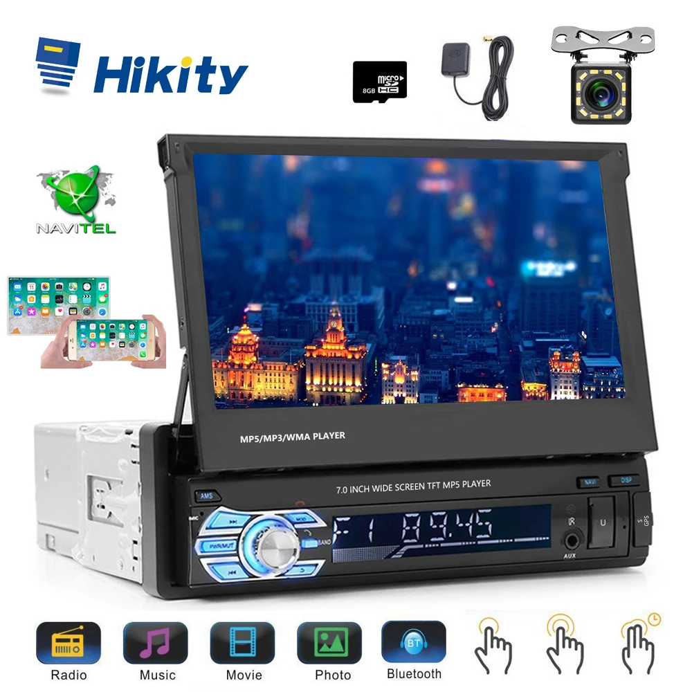 Hikity Podofo 1din Автомагнитола MP5 плеер gps навигация Мультимедиа Аудио Стерео Bluetooth " HD Выдвижная Авторадио камера