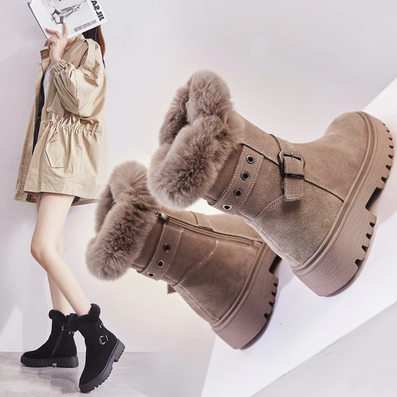 Tide Snow Boots Women's Winter Shoes Warm Soft Thicken Plush Ankle with Buckle Non-slip Sole Side Zipper Black Khaki | Обувь