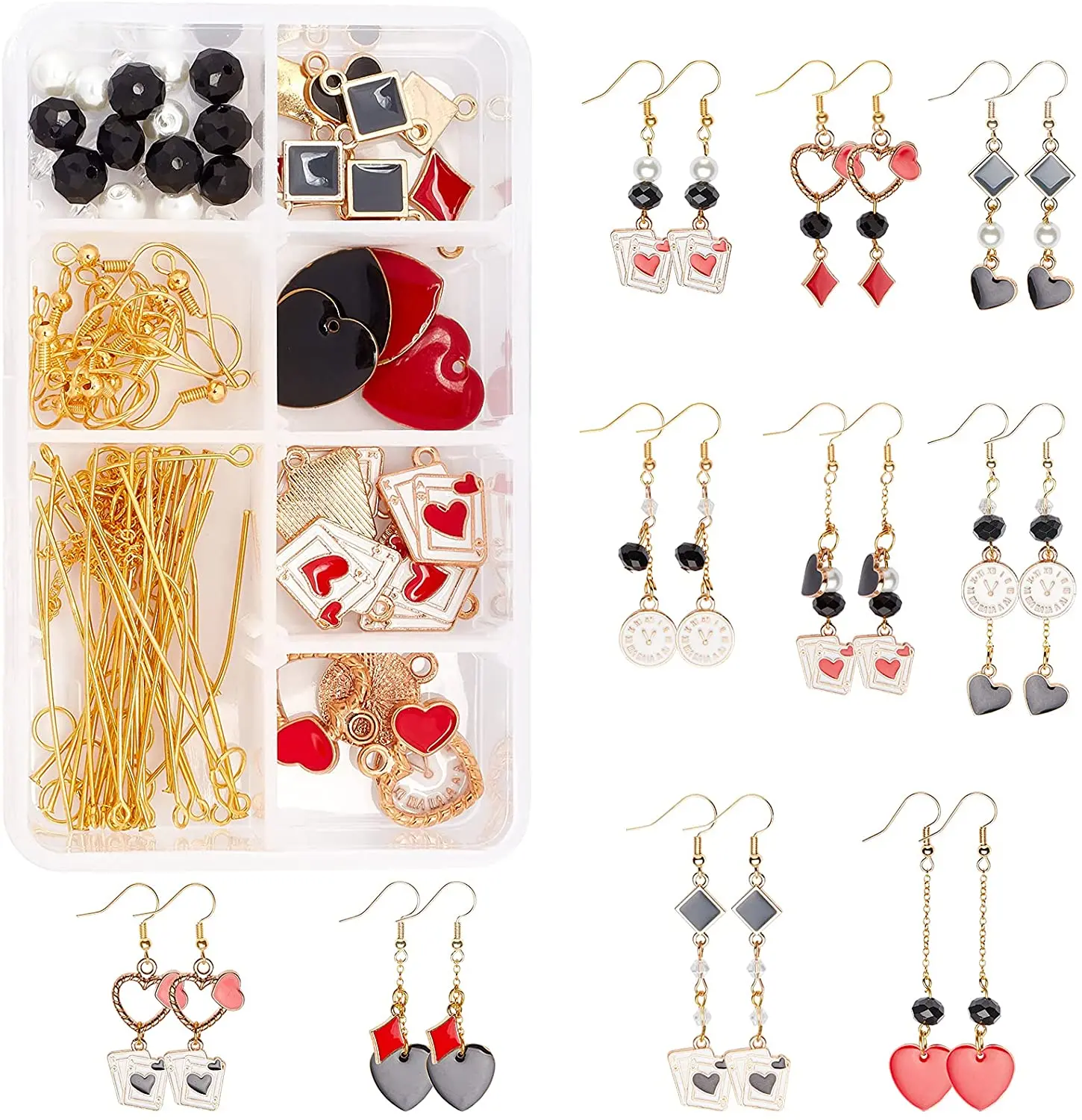 

1 Box DIY 10 Pairs Playing Card Style Earring Making Kits Playing Card Heart Clock Charms Pendants & Earring Hooks for Beginners
