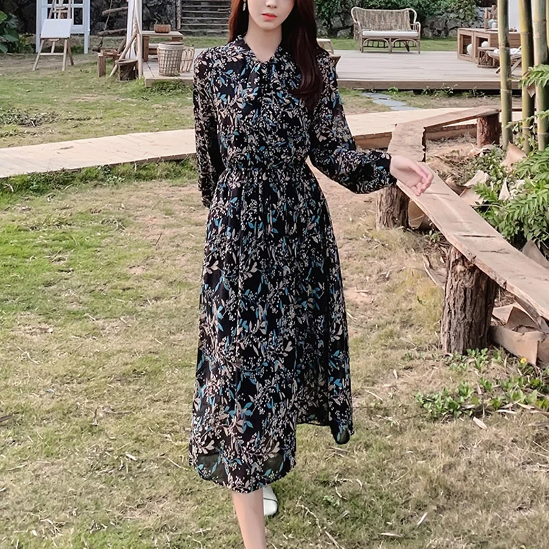 Женское шифоновое платье с цветочным принтом длинным рукавом и