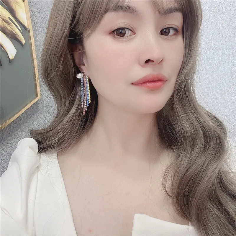 

Fashion Color-Jointed Tassel Earrings With Rhinestones Personality Statement Long Drop Earings Jewelry Wholesale