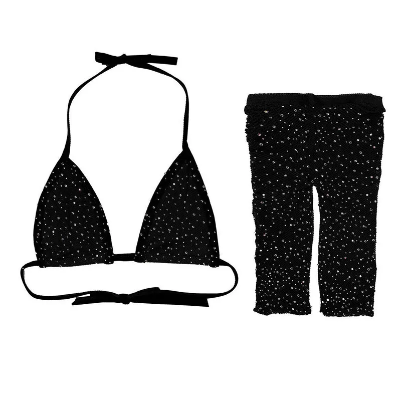 Ажурные бриллианты Bling кристалла комплект из двух предметов на шнуровке с вырезами с открытой спиной укороченный топ шорты с высокой талией сексуальные прозрачные Клубные наряды