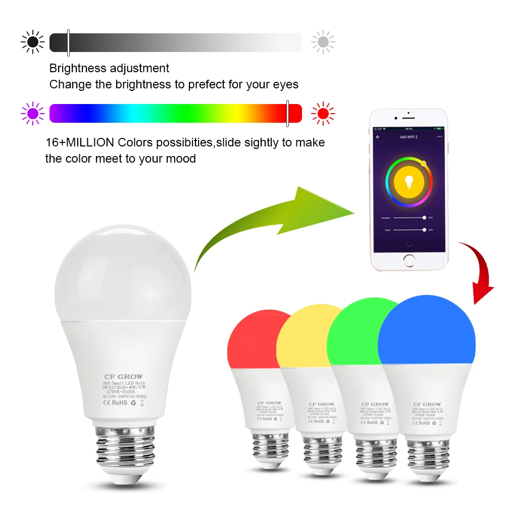 Интеллектуальная беспроводная(Wi-Fi) светильник лампа 9 Вт 10 Вт 12 Вт E27 A60 RGB волшебная лампа светильник Wake Up светильник Совместимость дома прихожей светильник ing 220V