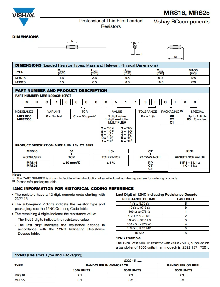 50 шт. VISHAY BC MRS25 0 25 вт 1/4 10K-91K 1% медный ножной металлический пленочный аудио резистор