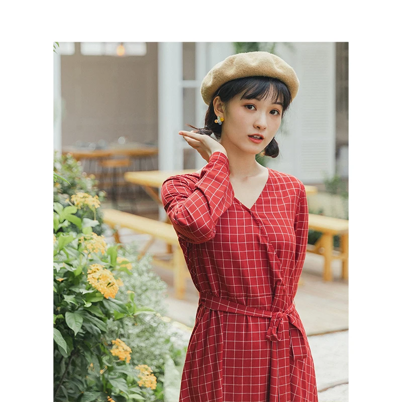 Инман весна осень литературный ретро v образный вырез в клетку с поясом свободное