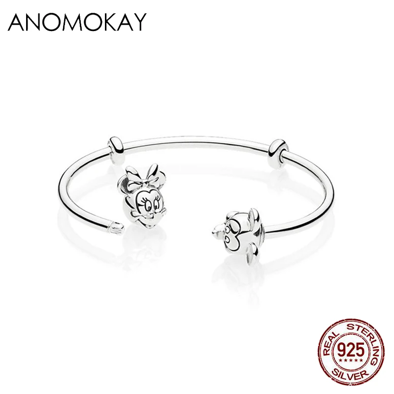 Anomookay, новинка, 925 пробы, серебряный, Микки, Минни, нить, открытый, манжета, браслет, романтическая пара, роскошные серебряные браслеты