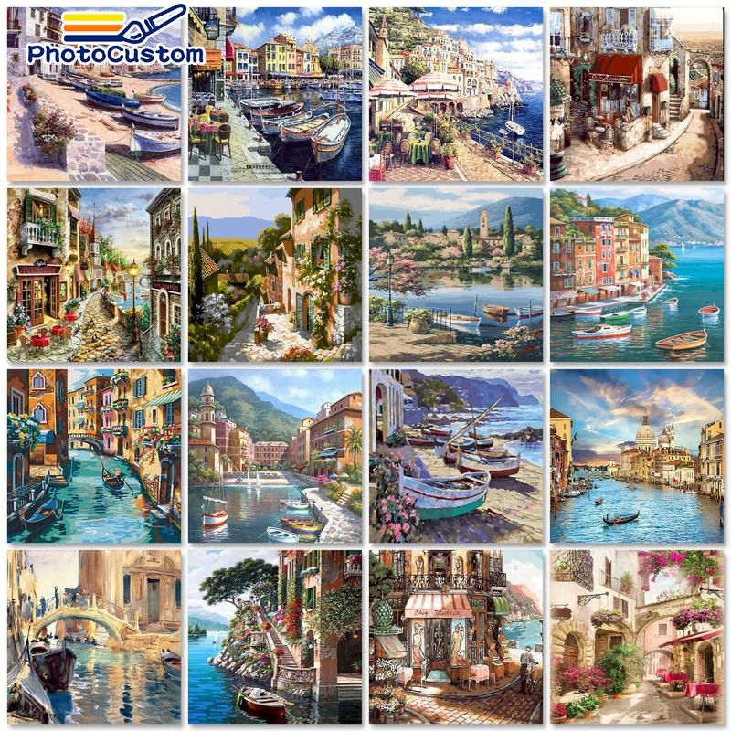 

PhotoCustom Oil Painting By Numbers Street Scenery 60x75cm Paint For Drawing By Numbers On Canvas Seascape Frameless Home Decor